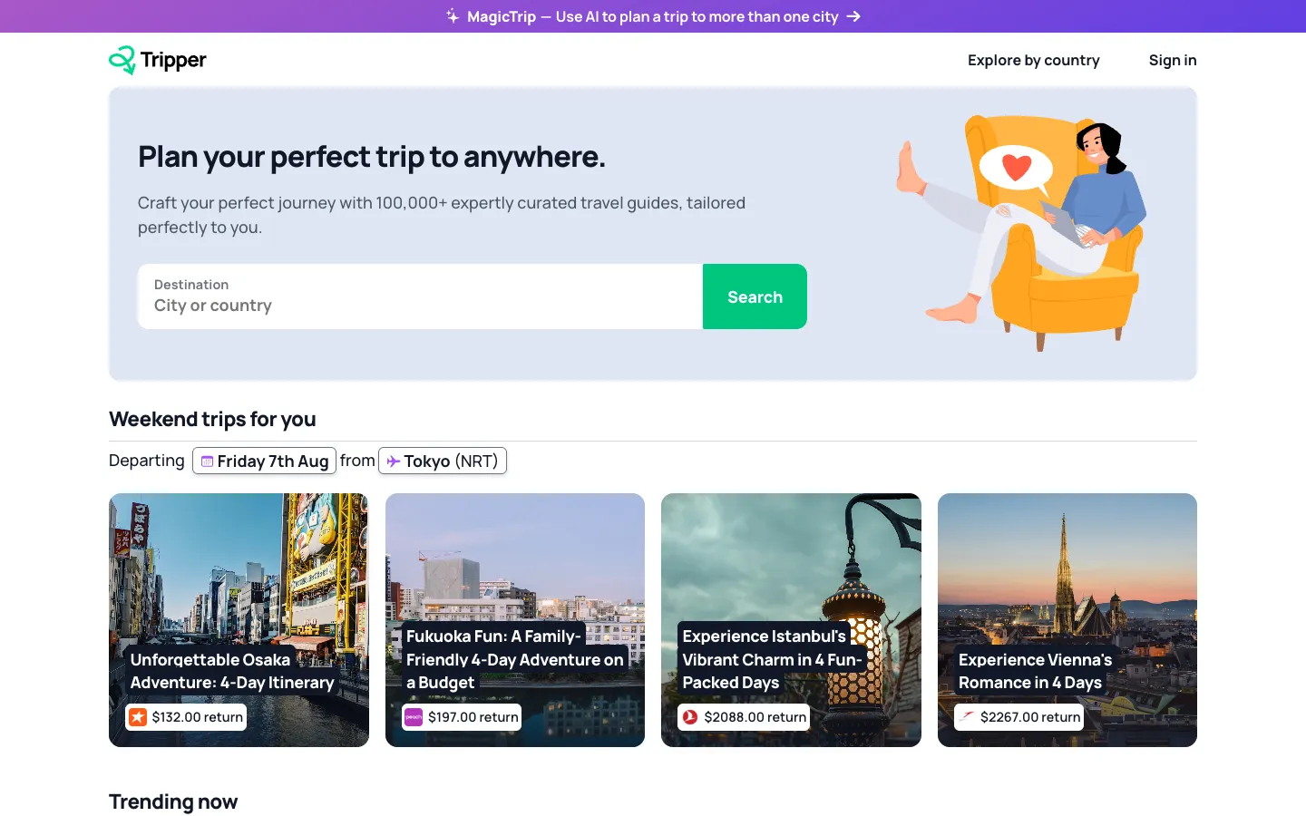 Screenshot of the Tripper Guide homepage