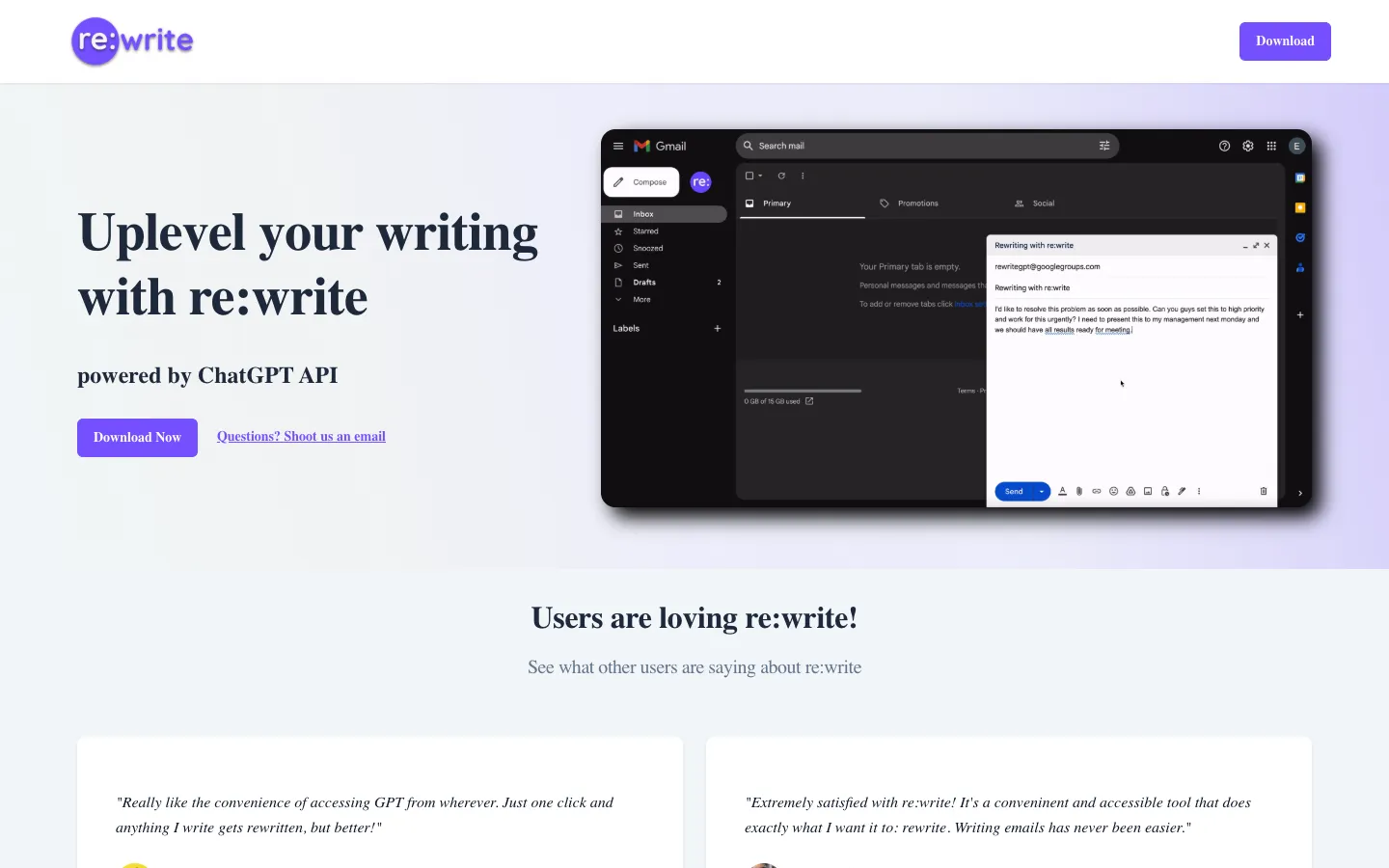 Screenshot of the re:write homepage