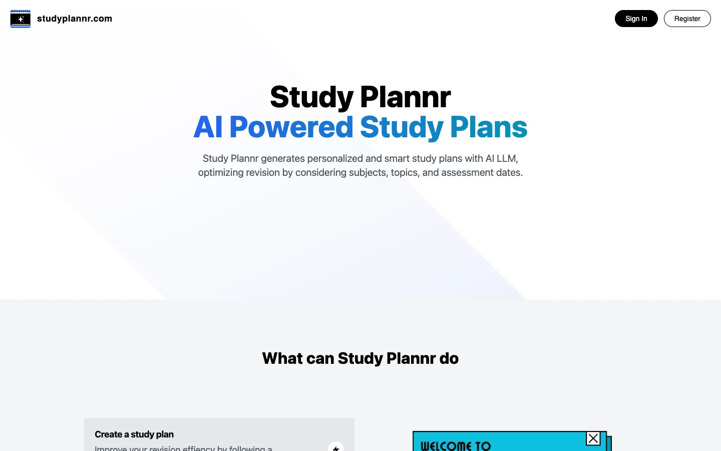 Screenshot of the Study Plannr homepage