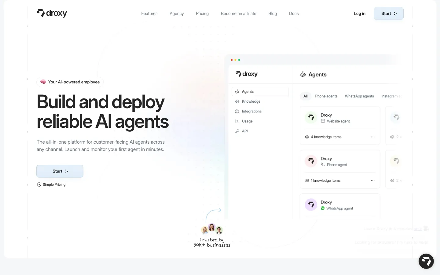 Screenshot of the Droxy AI homepage