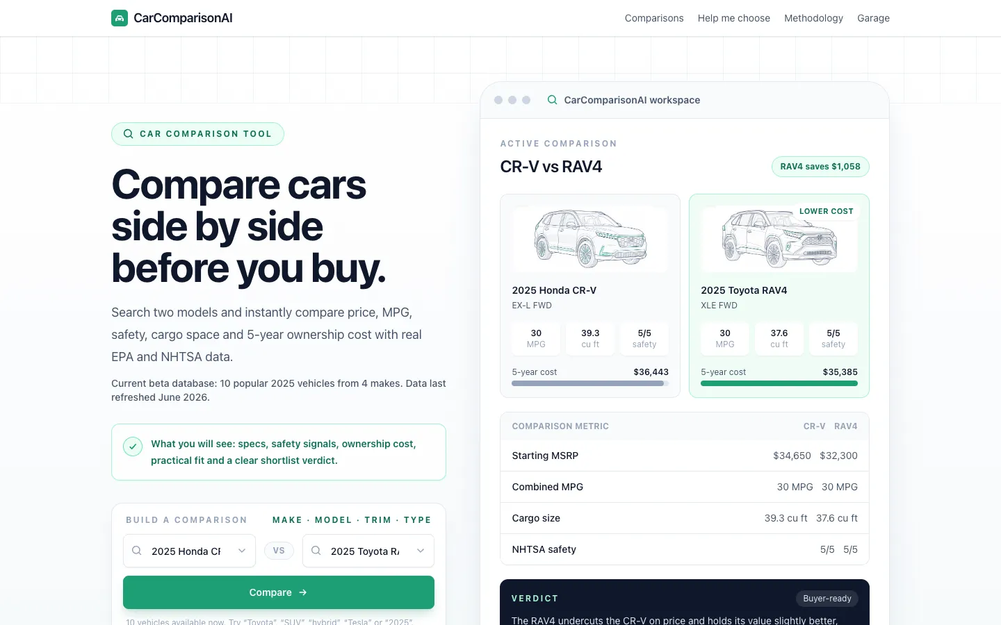 Screenshot of the Car Comparison homepage