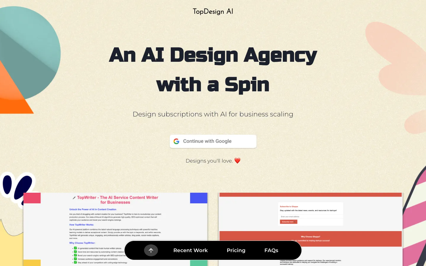 Screenshot of the TopDesign AI homepage