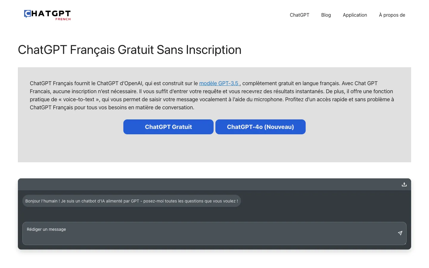 Screenshot of the ChatGPT Français (French) homepage