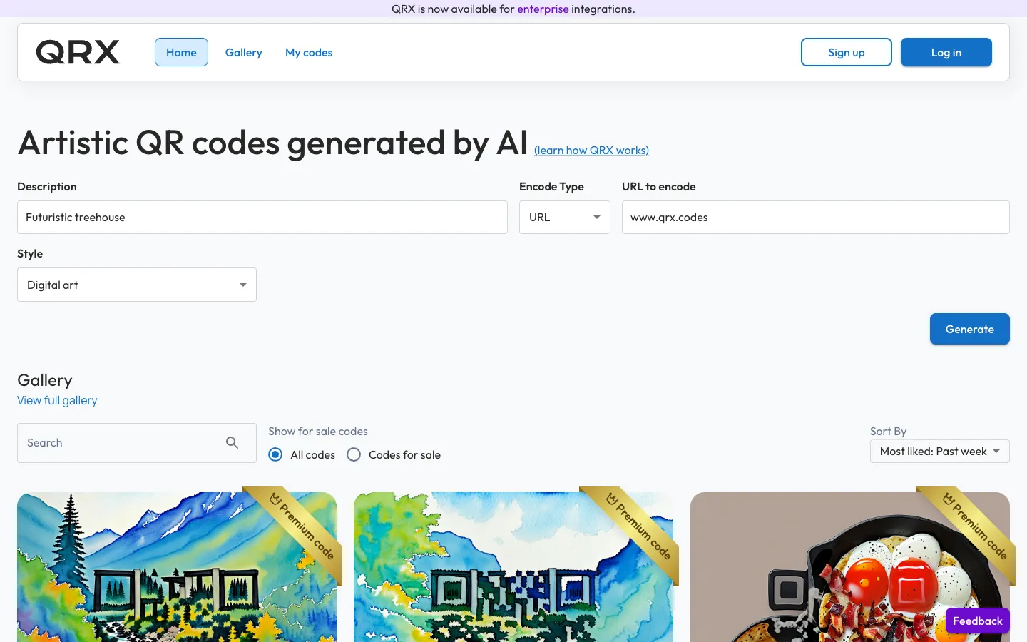 Screenshot of the QRX Codes homepage