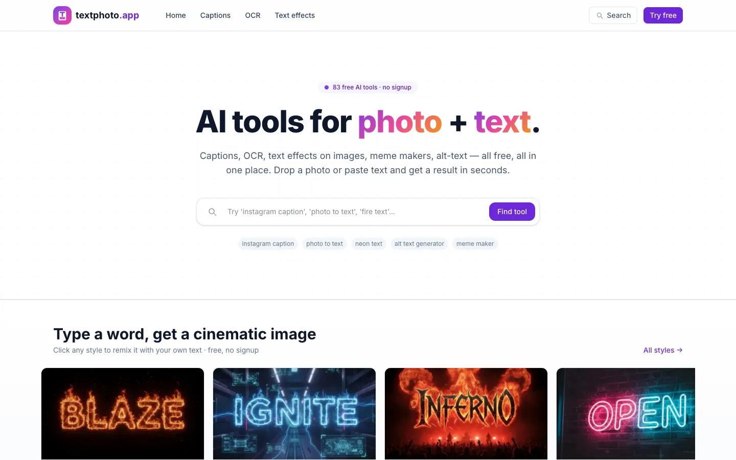 Screenshot of the TextPhoto homepage