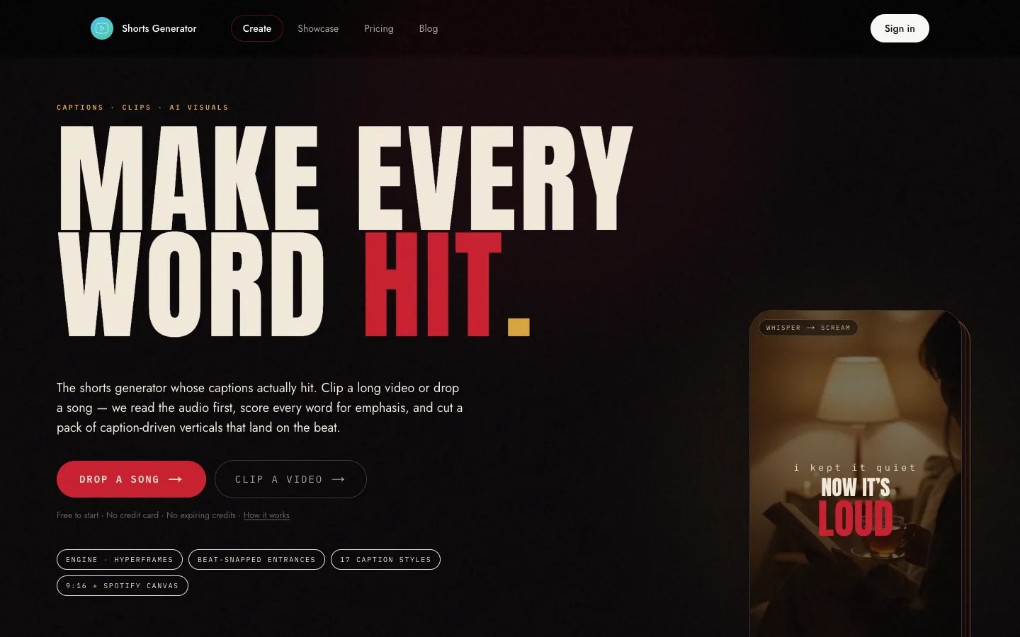 Screenshot of the Shorts Generator homepage
