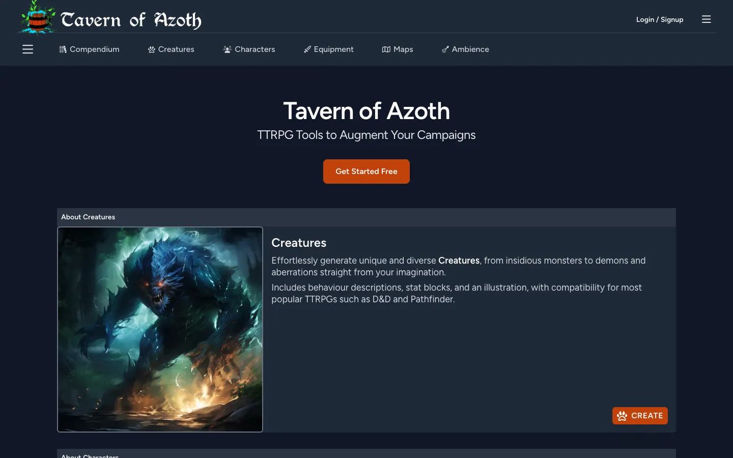 Screenshot of the Tavern of Azoth homepage