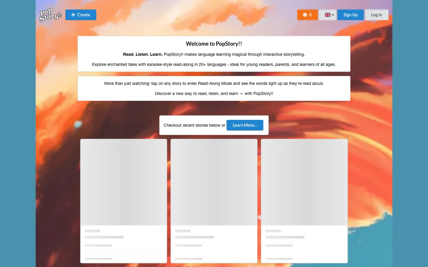 Screenshot of the PopStory!! homepage