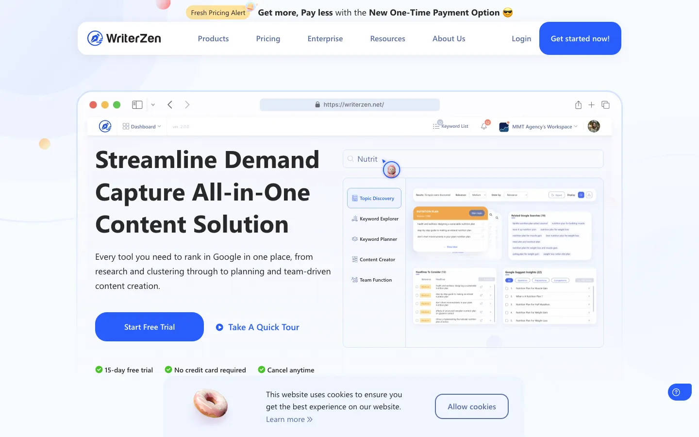 Screenshot of the WriterZen homepage