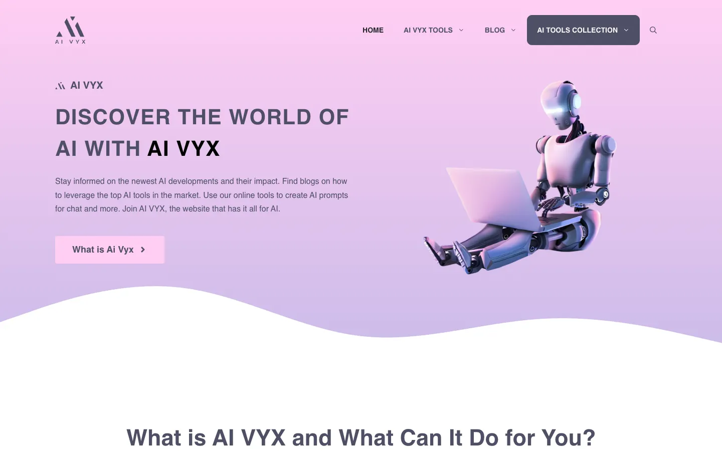 Screenshot of the AI VYX homepage