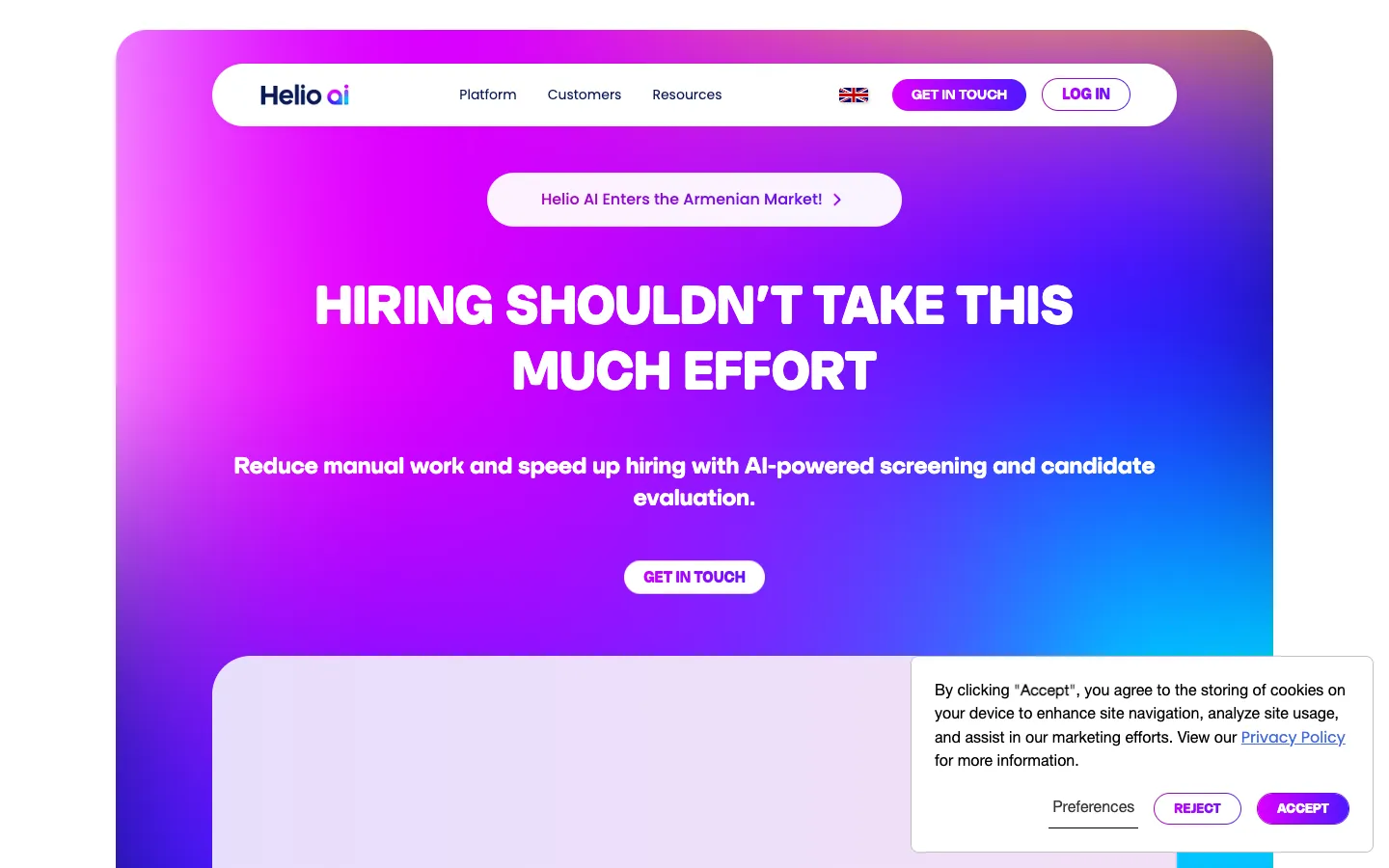 Screenshot of the Helio.AI homepage