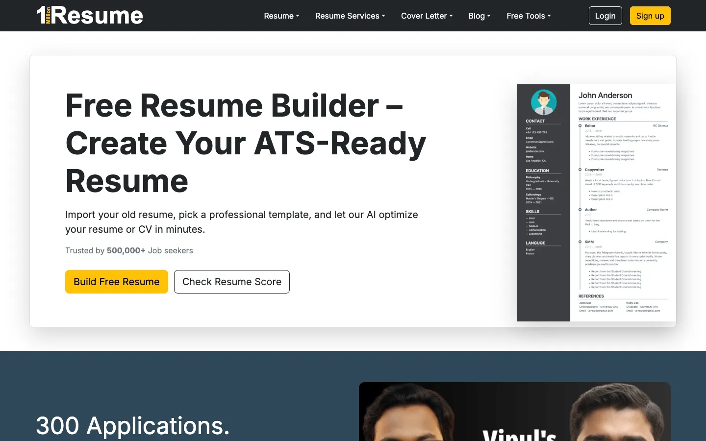 Screenshot of the 1MillionResume homepage