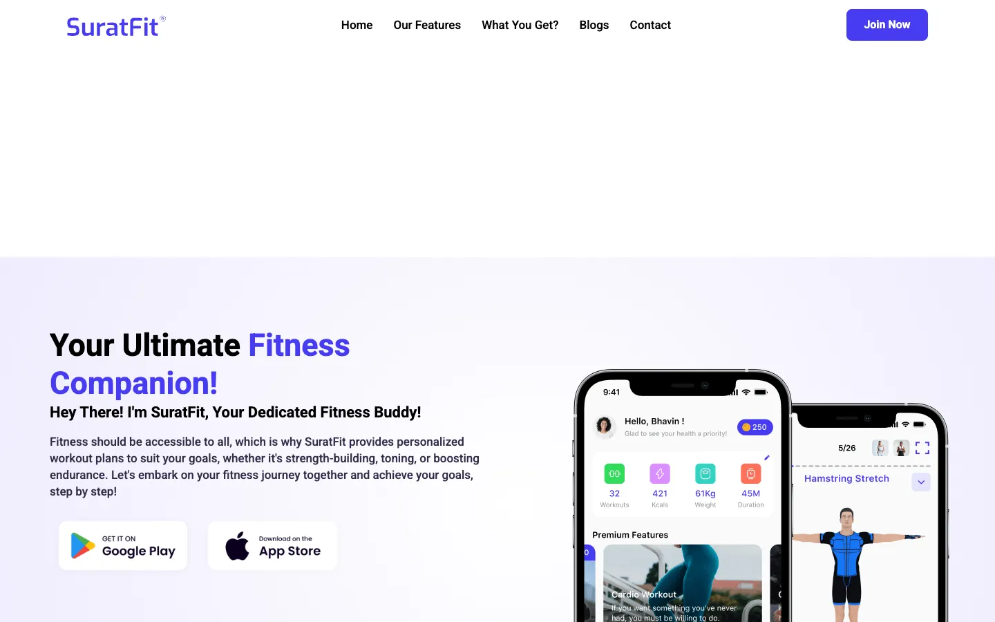 Screenshot of the SuratFit homepage