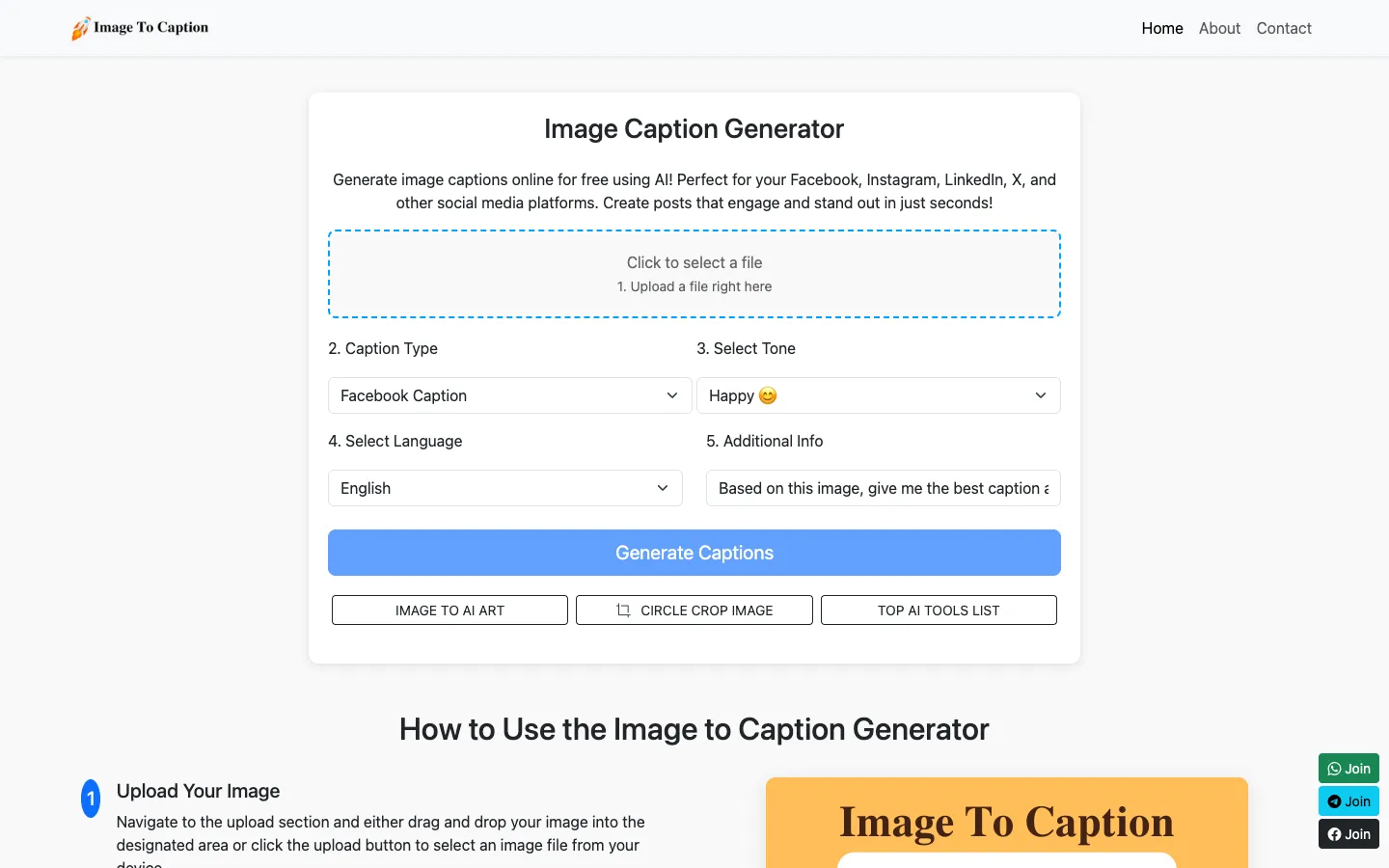 Screenshot of the Image to Caption homepage