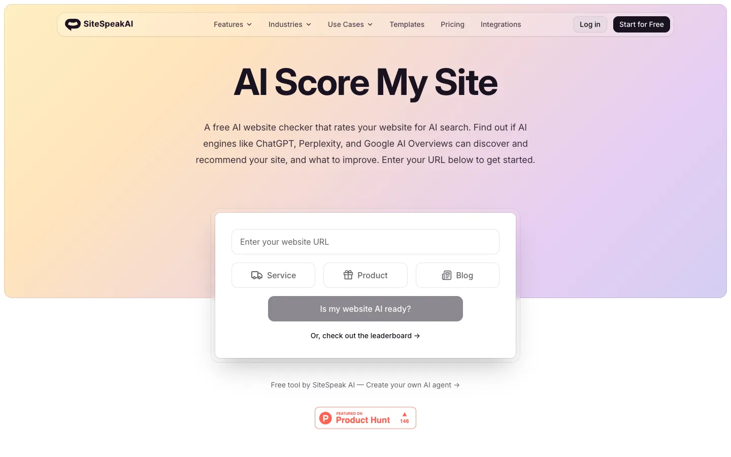 Screenshot of the AI Score My Site homepage