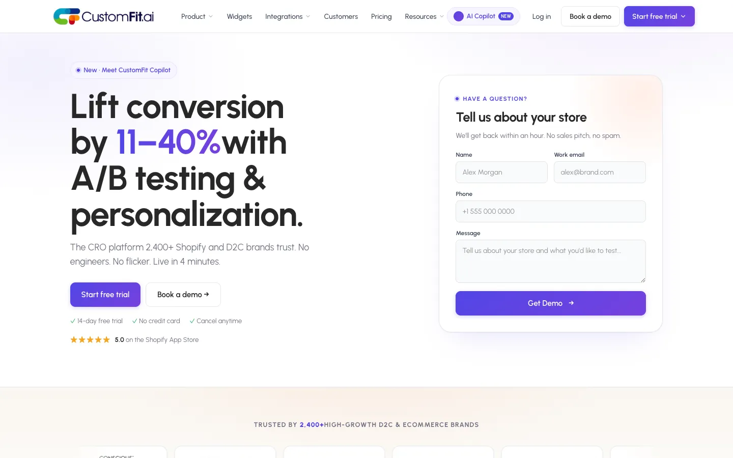 Screenshot of the CustomFit.ai 2.0 homepage