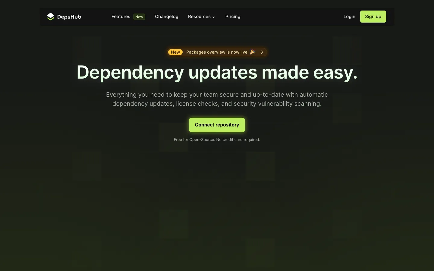 Screenshot of the DepsHub homepage
