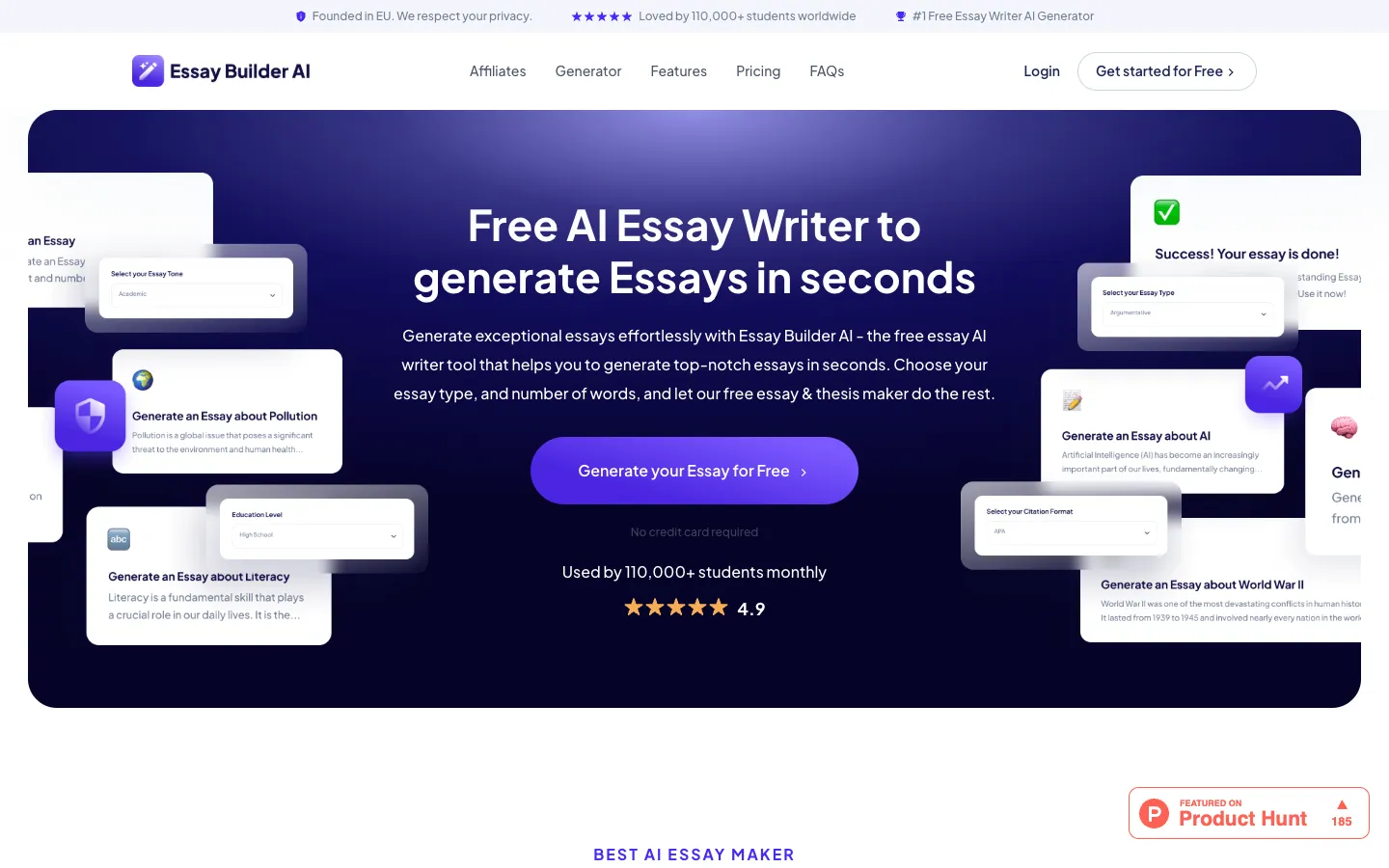 Screenshot of the Essay Builder AI homepage