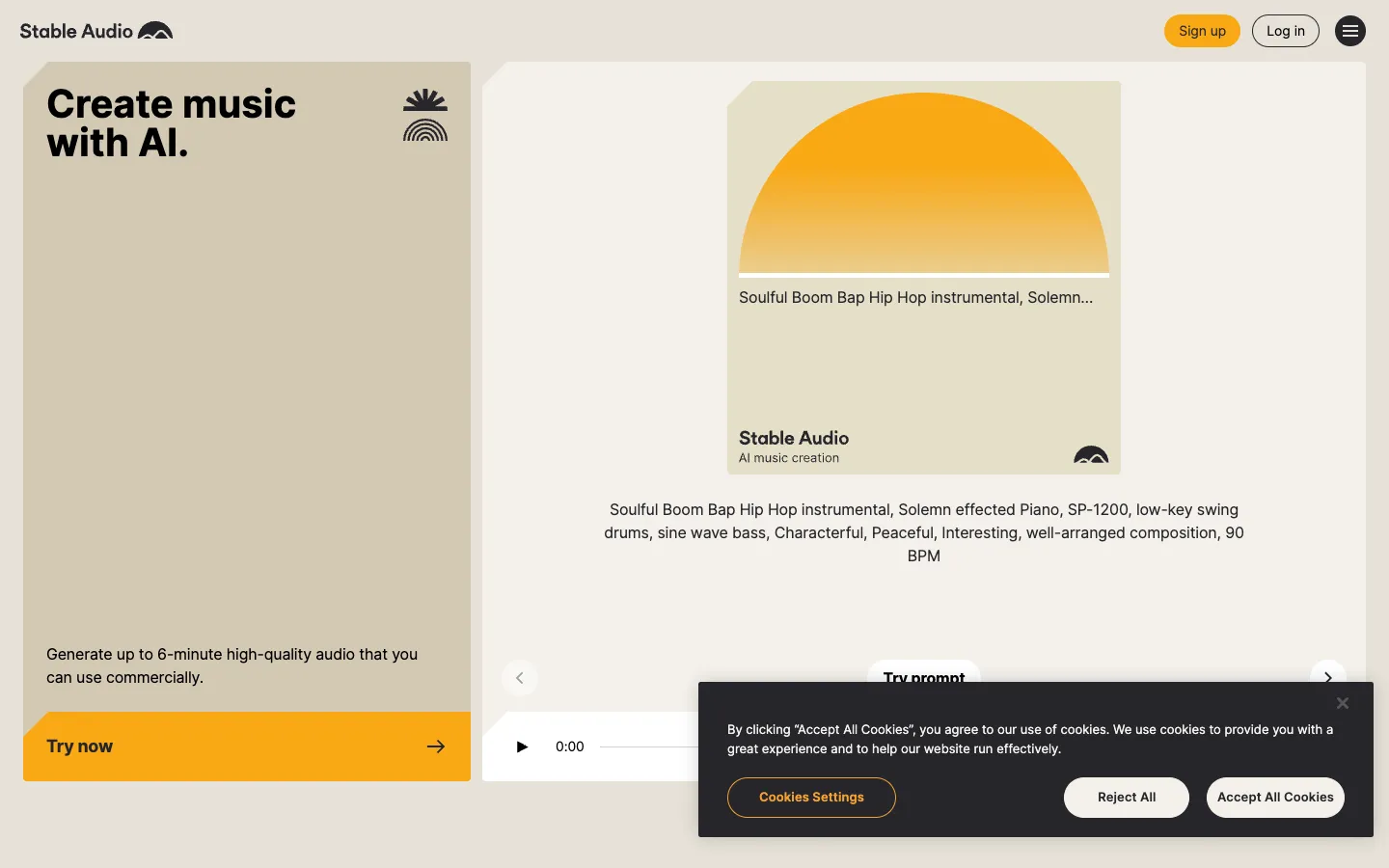 Screenshot of the Stable Audio homepage