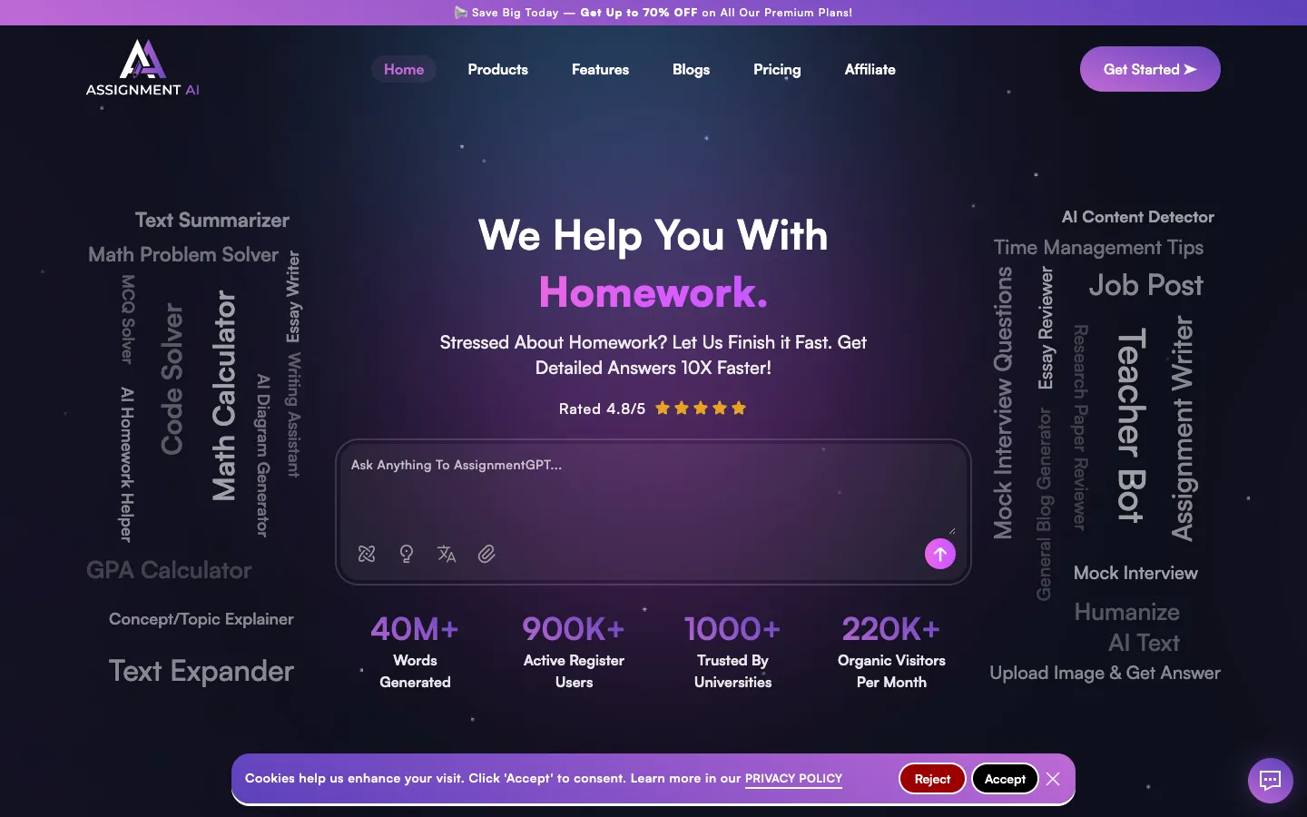 Screenshot of the AssignmentGPT AI homepage