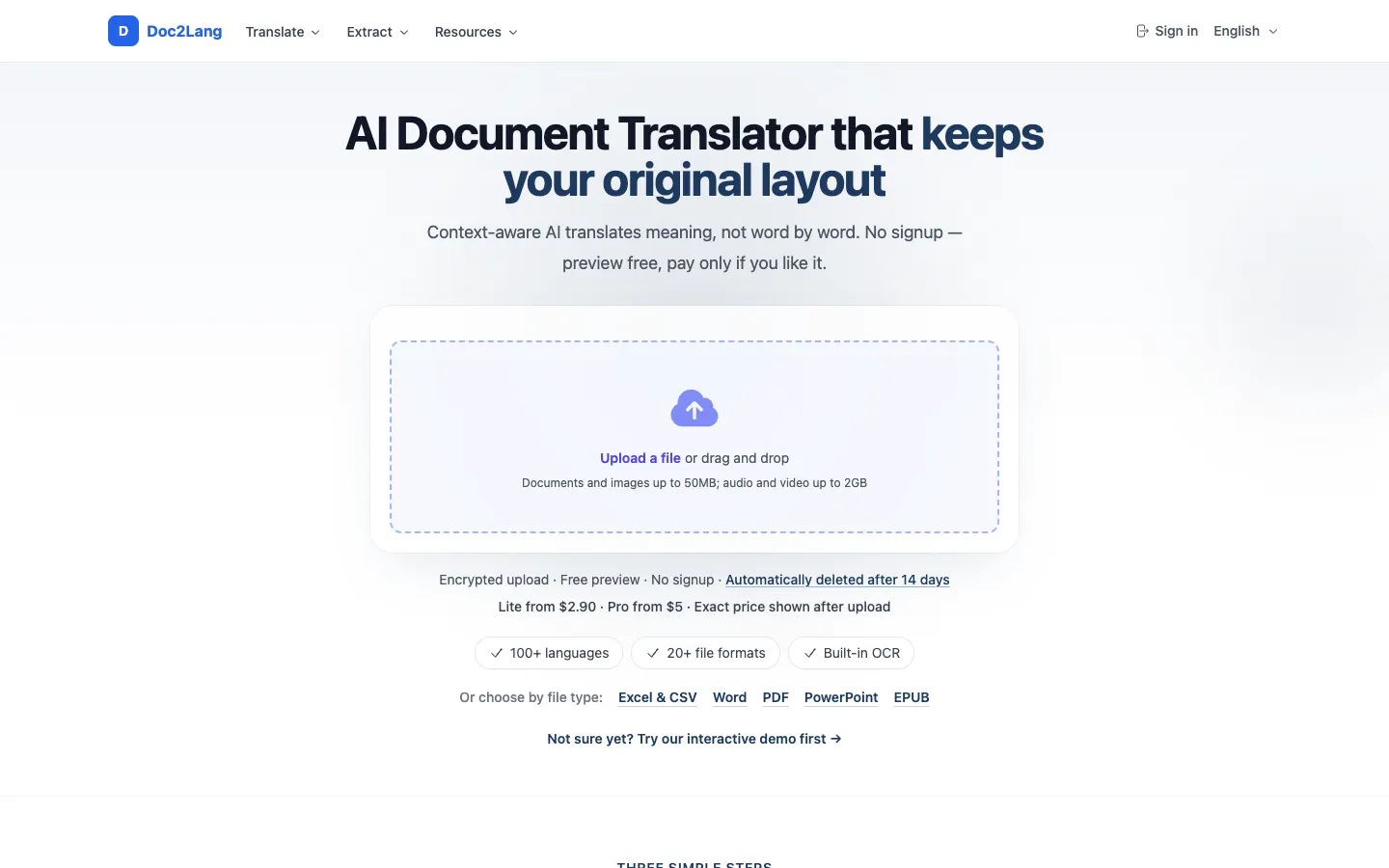 Screenshot of the Doc2Lang homepage