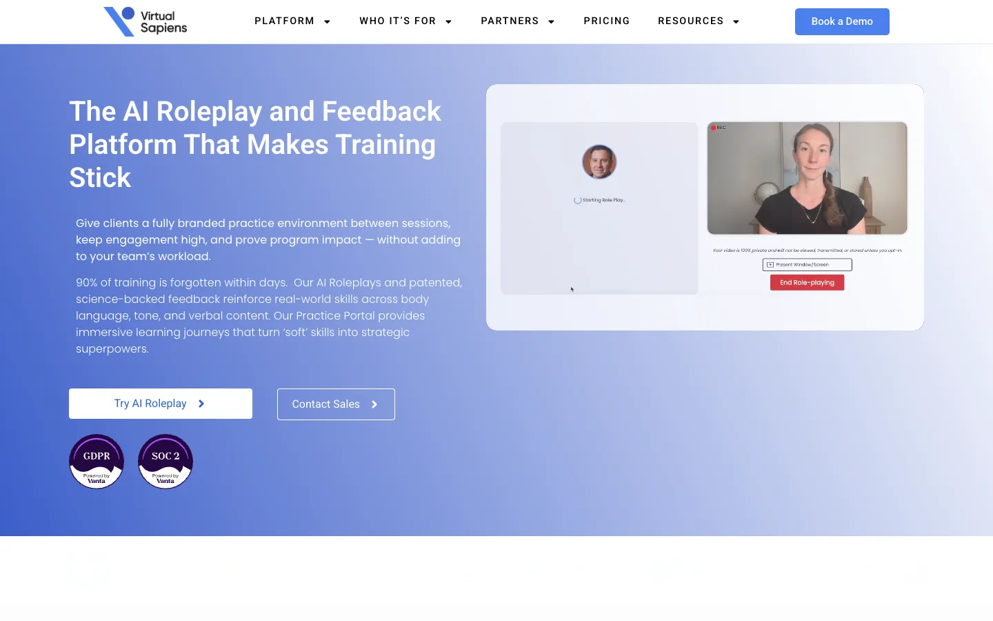 Screenshot of the Virtual Sapiens homepage