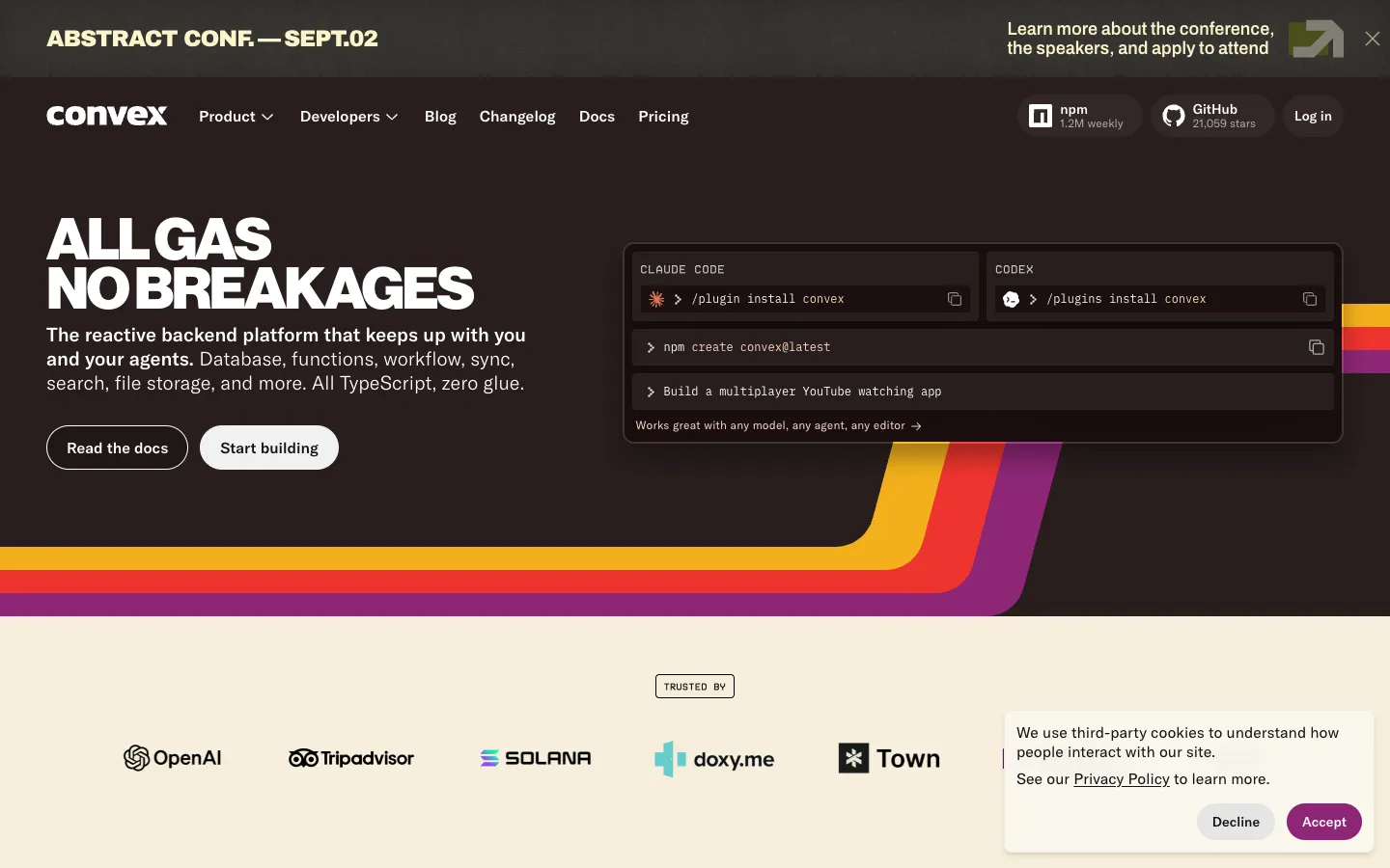 Screenshot of the Convex homepage