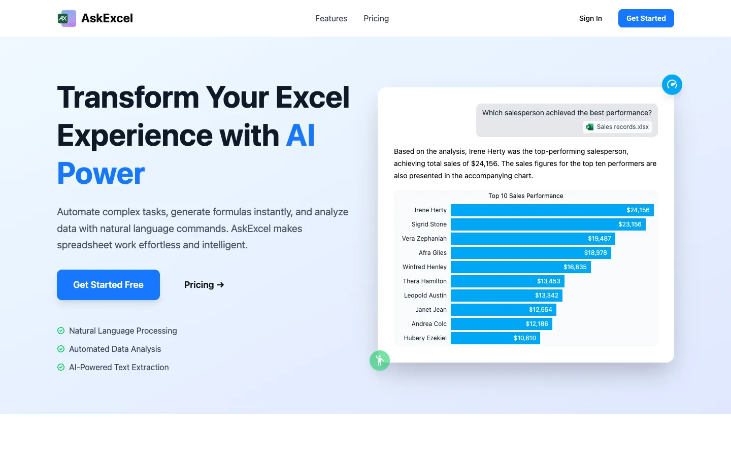 Screenshot of the AskExcel homepage
