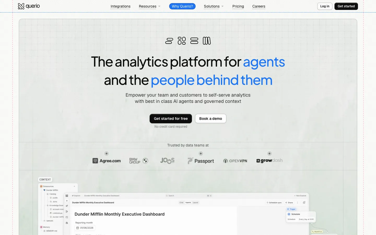 Screenshot of the Querio 1.0 homepage