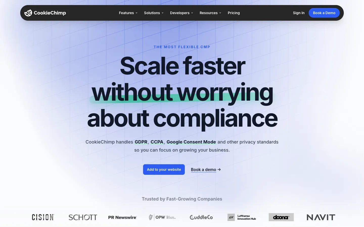 Screenshot of the CookieChimp homepage