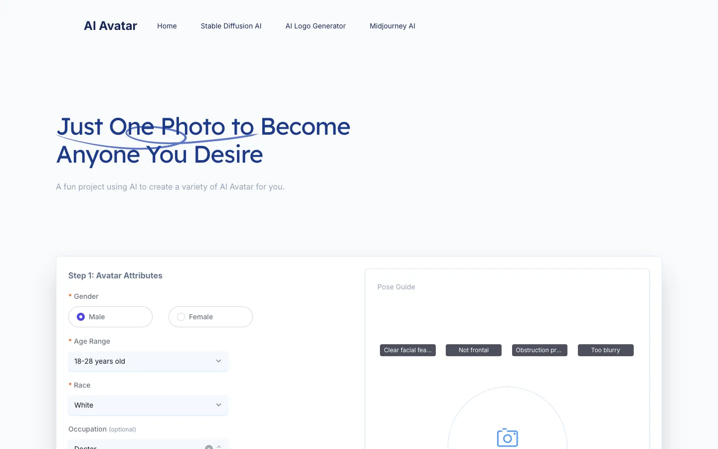 Screenshot of the AI Avatar Generator homepage
