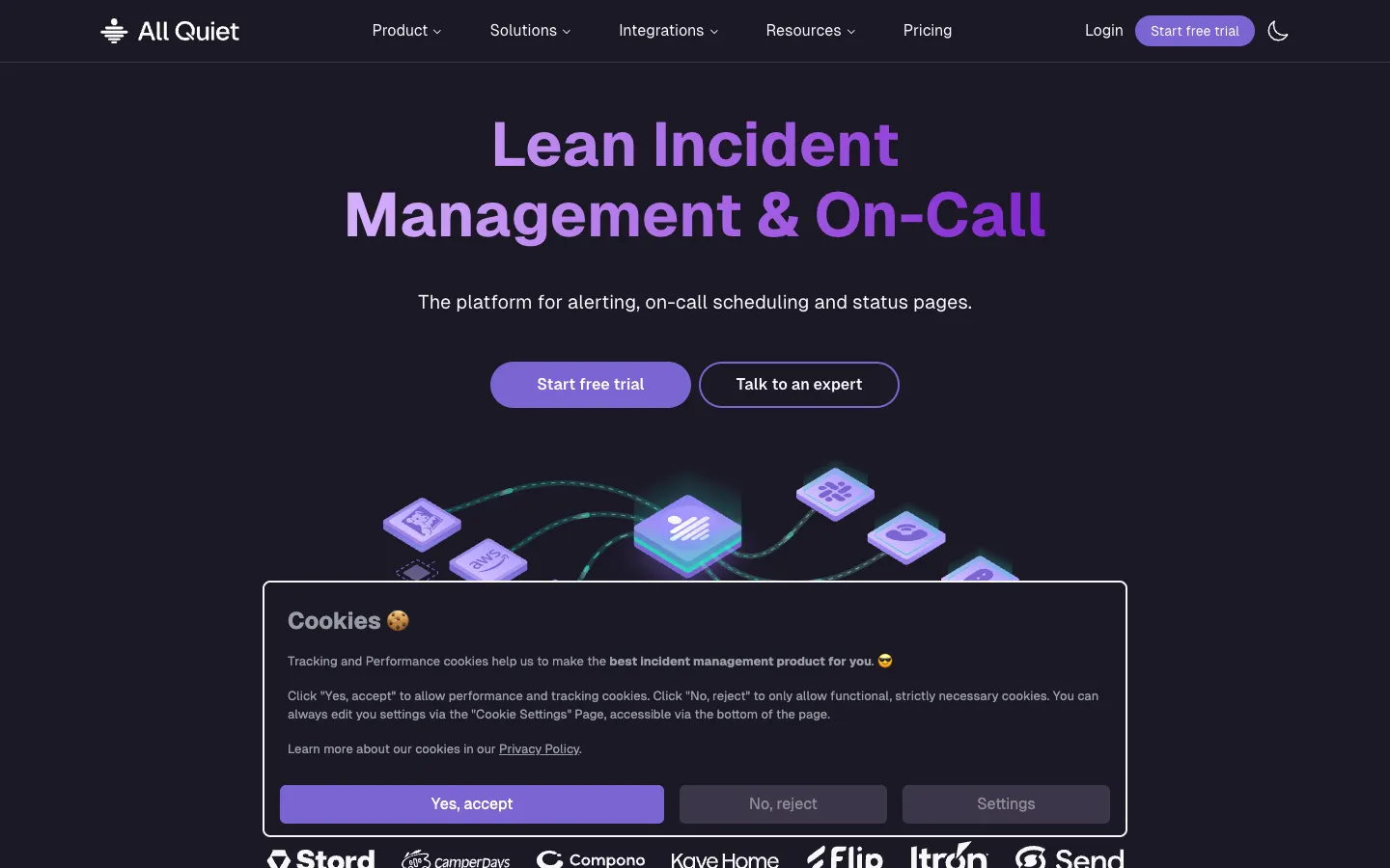 Screenshot of the All Quiet homepage