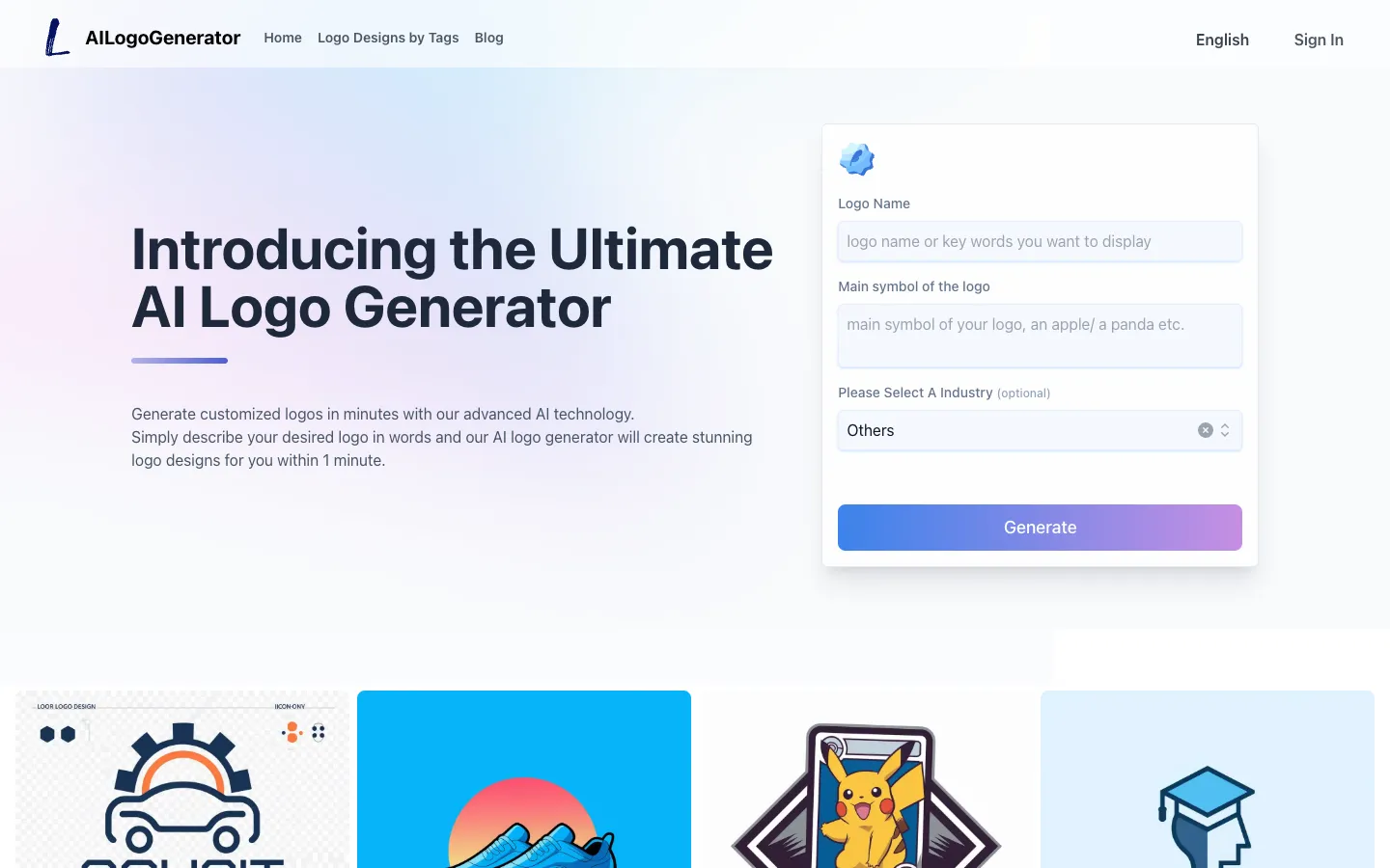 Screenshot of the AI Logo Generator homepage