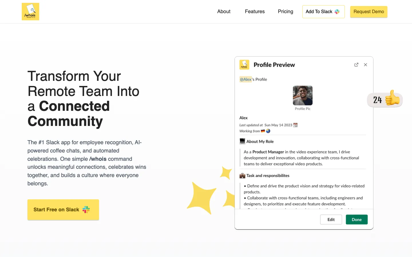 Screenshot of the AI Profile For Slack homepage