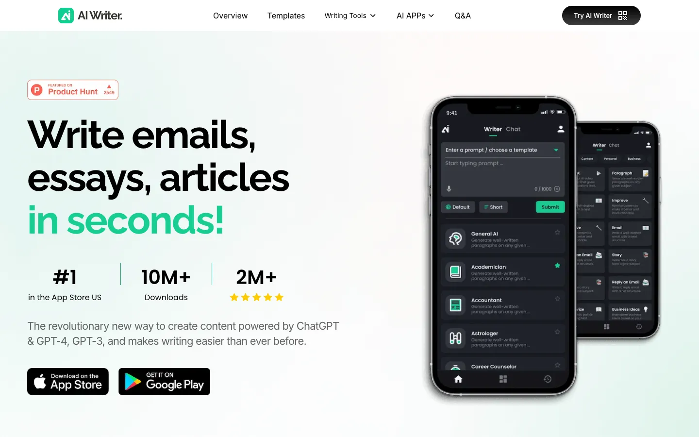 Screenshot of the AI Writer: Essay Email Writing(APP) homepage
