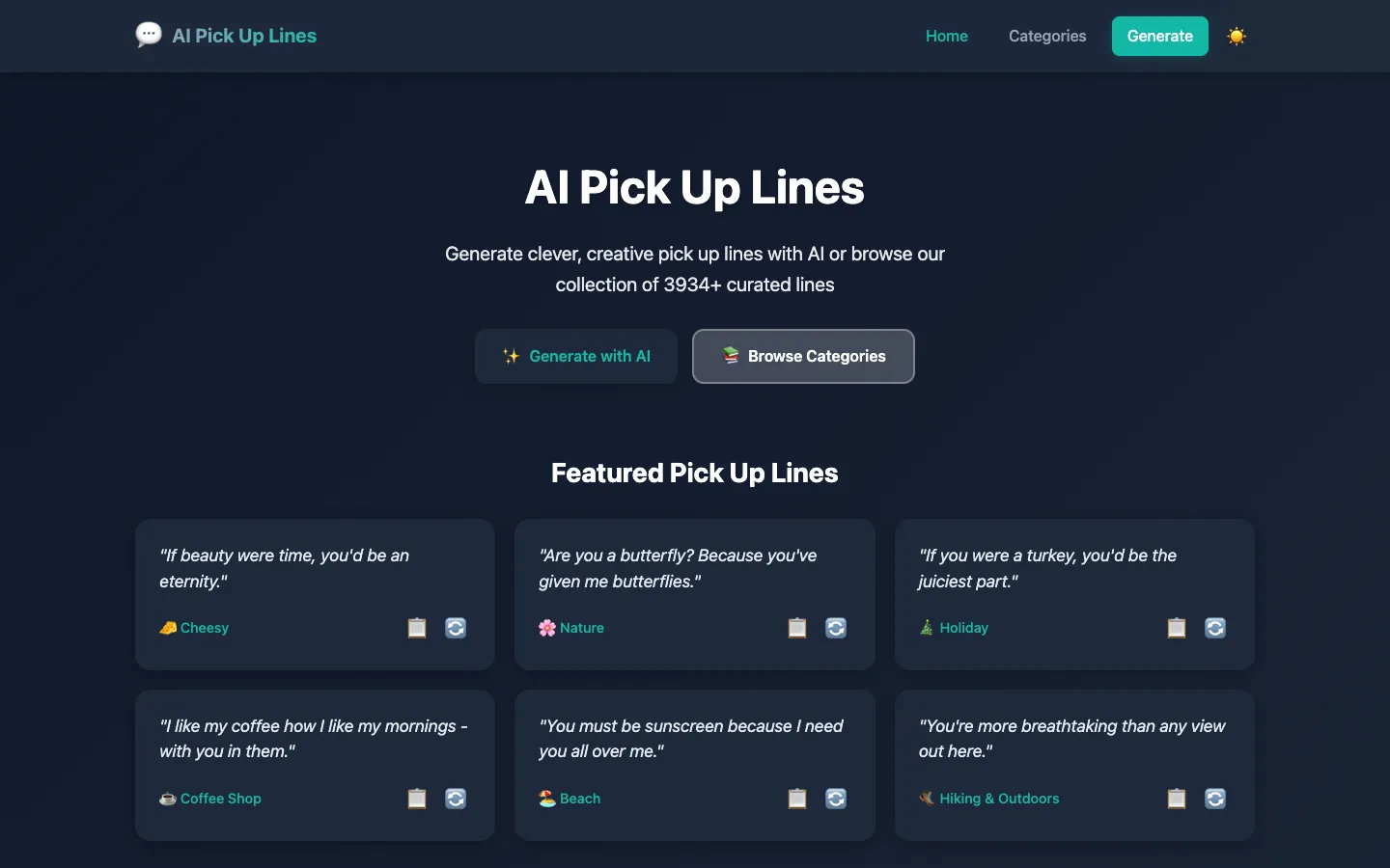 Screenshot of the AI Pickup Lines homepage
