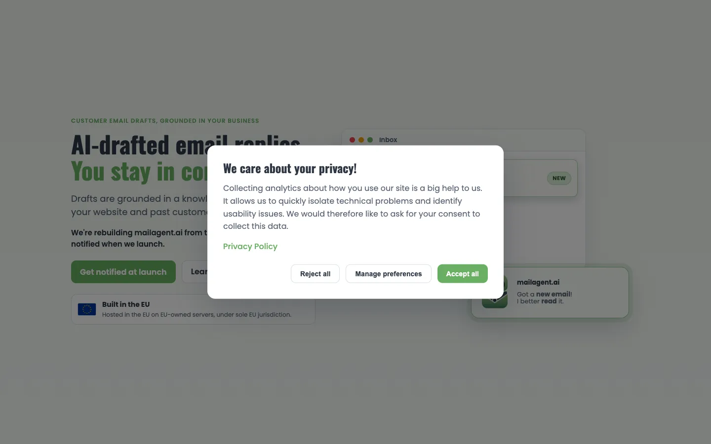 Screenshot of the MailAgent.AI homepage