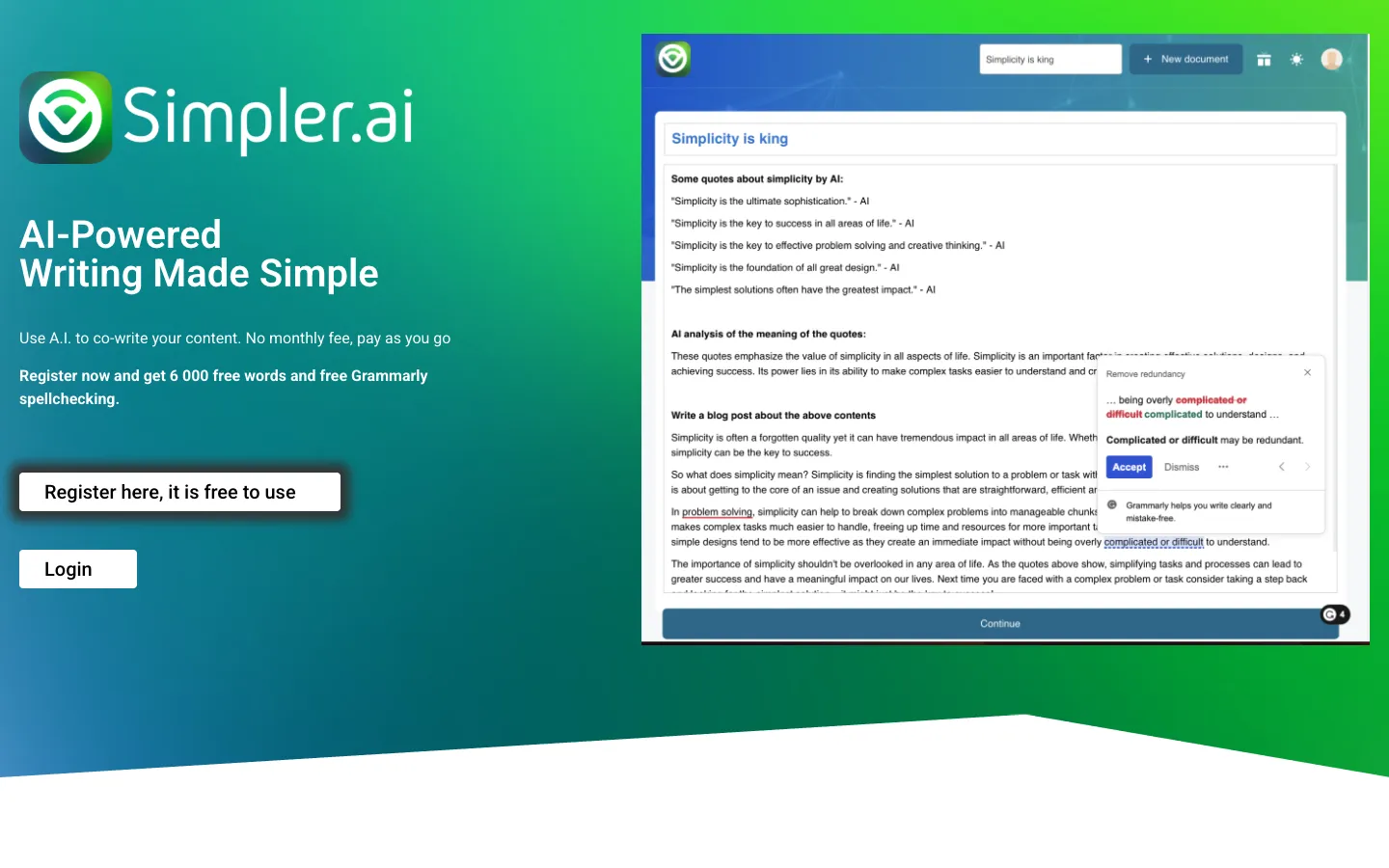 Screenshot of the Simpler.ai homepage