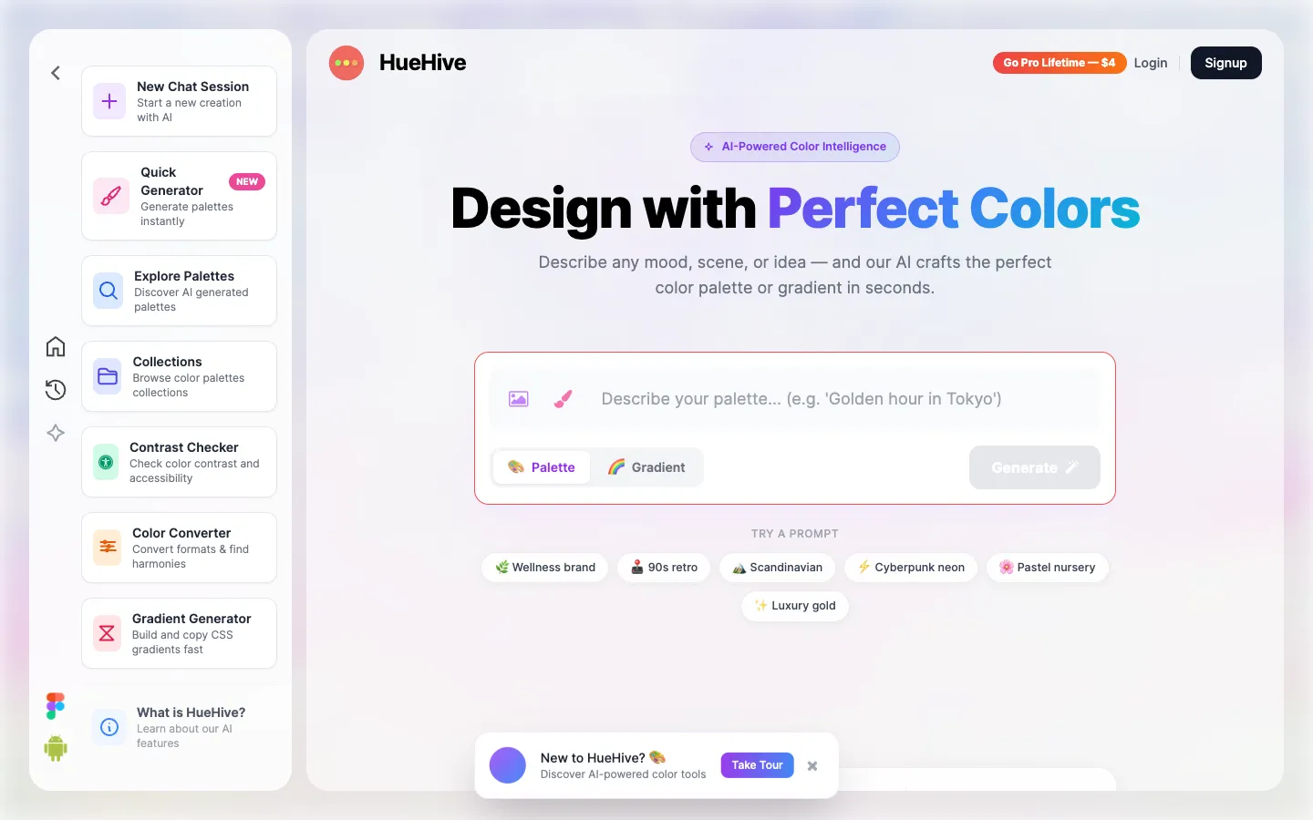 Screenshot of the HueHive homepage
