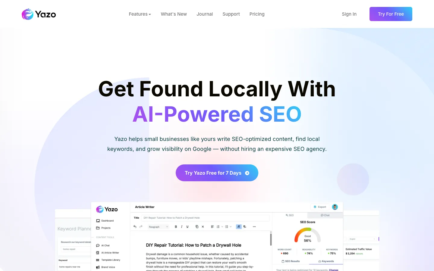 Screenshot of the Yazo homepage