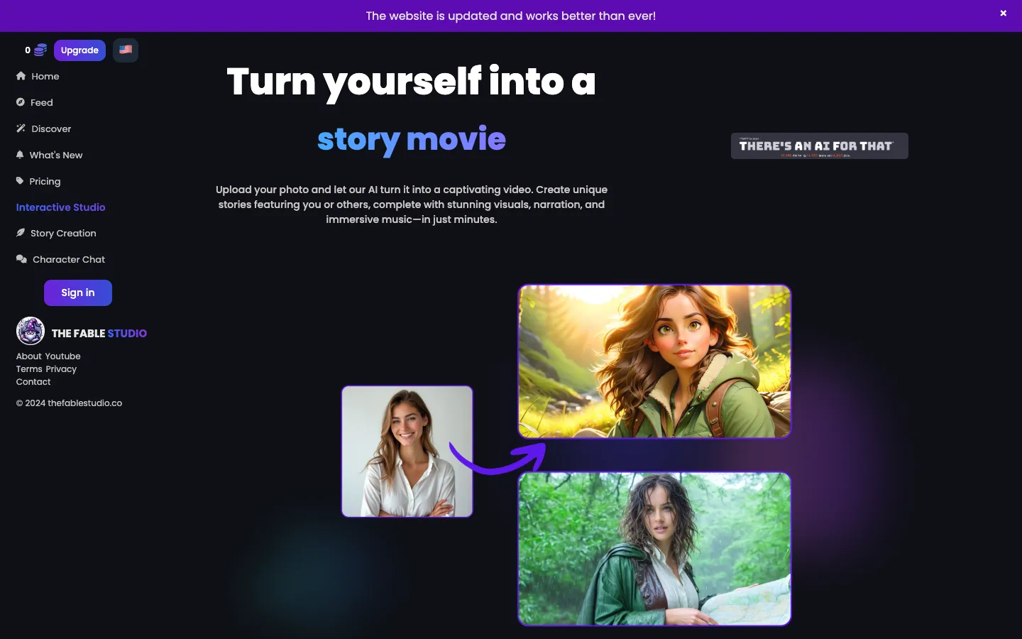 Screenshot of the Turn texts into AI-animated stories homepage