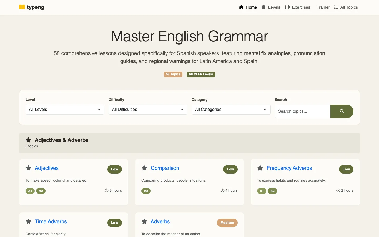Screenshot of the Typeng homepage