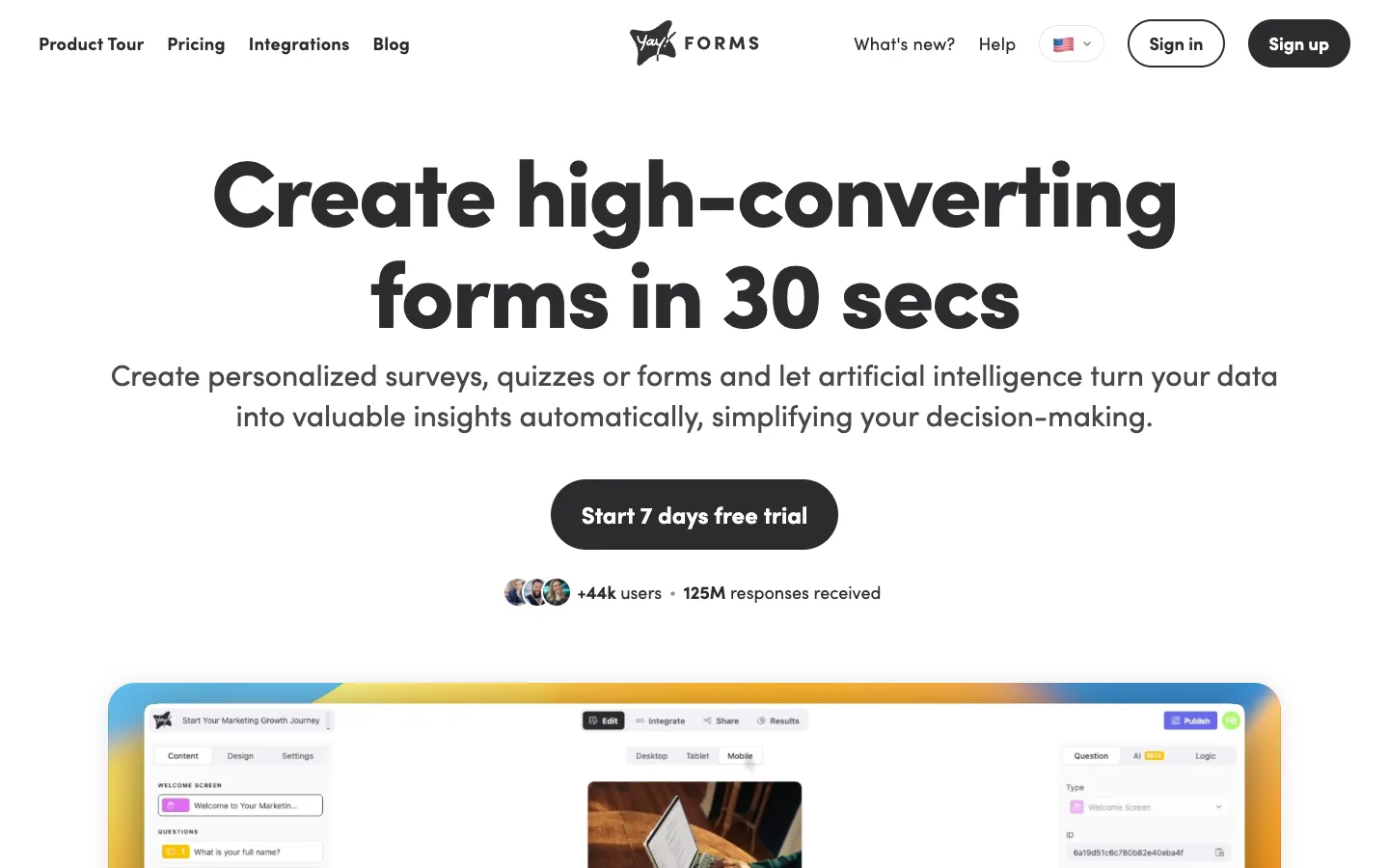 Screenshot of the Yay! Forms homepage