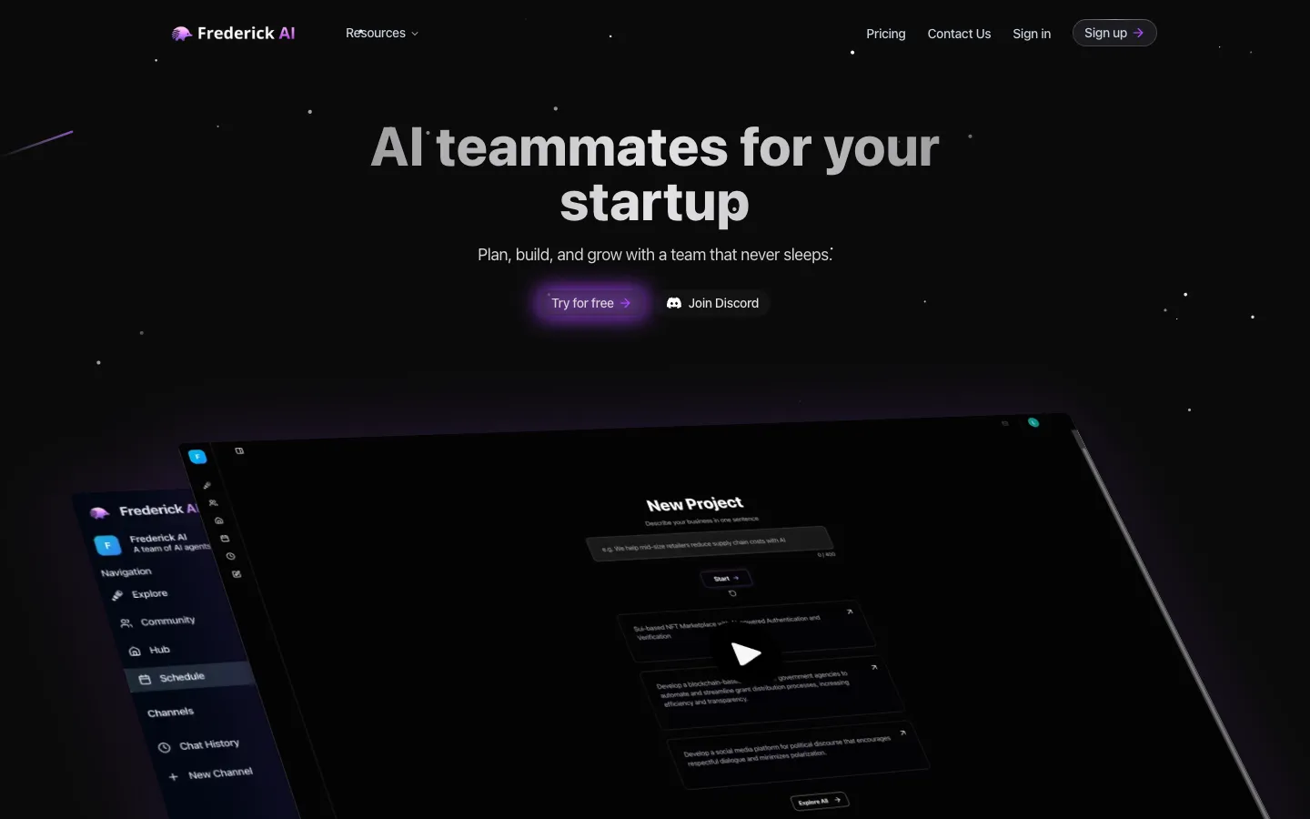 Screenshot of the Frederick AI homepage