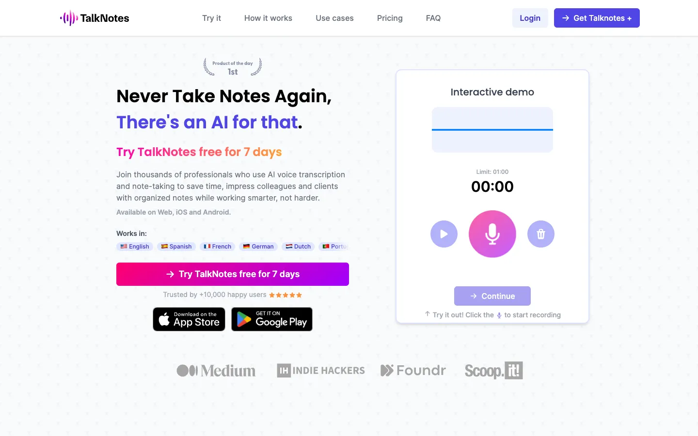 Screenshot of the TalkNotes homepage
