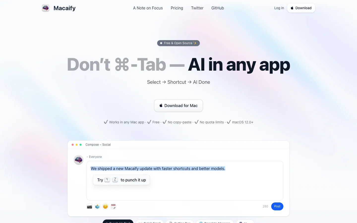 Screenshot of the Macaify - Make your Mac-AI-fy homepage