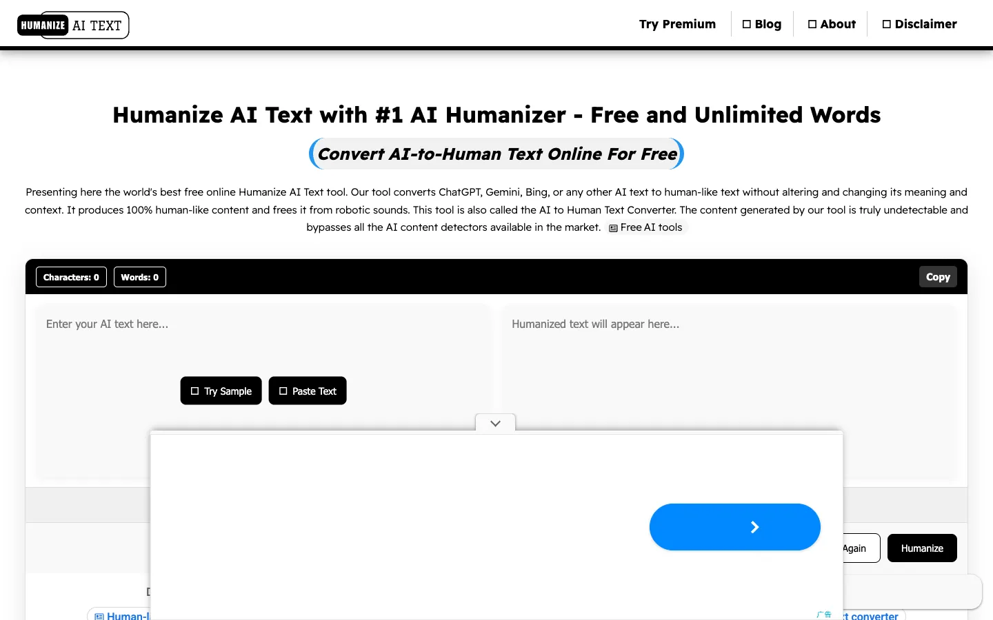 Screenshot of the Humanize AI Text homepage