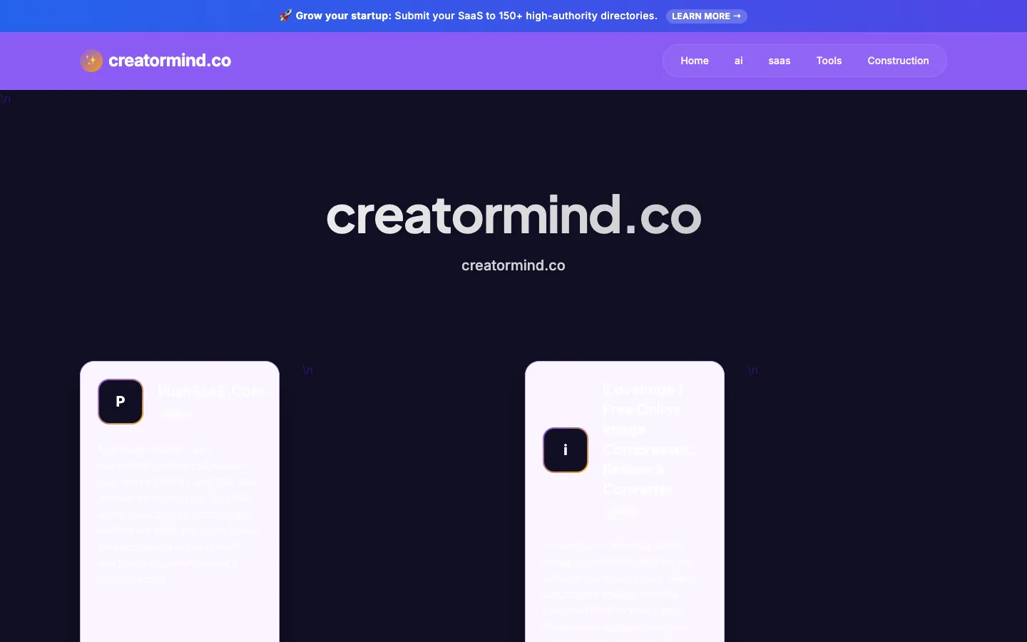 Screenshot of the Creator Mind homepage