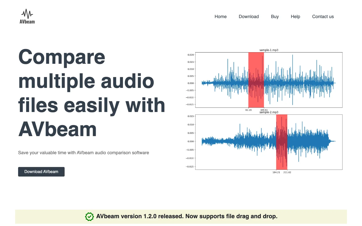 Screenshot of the AVbeam homepage