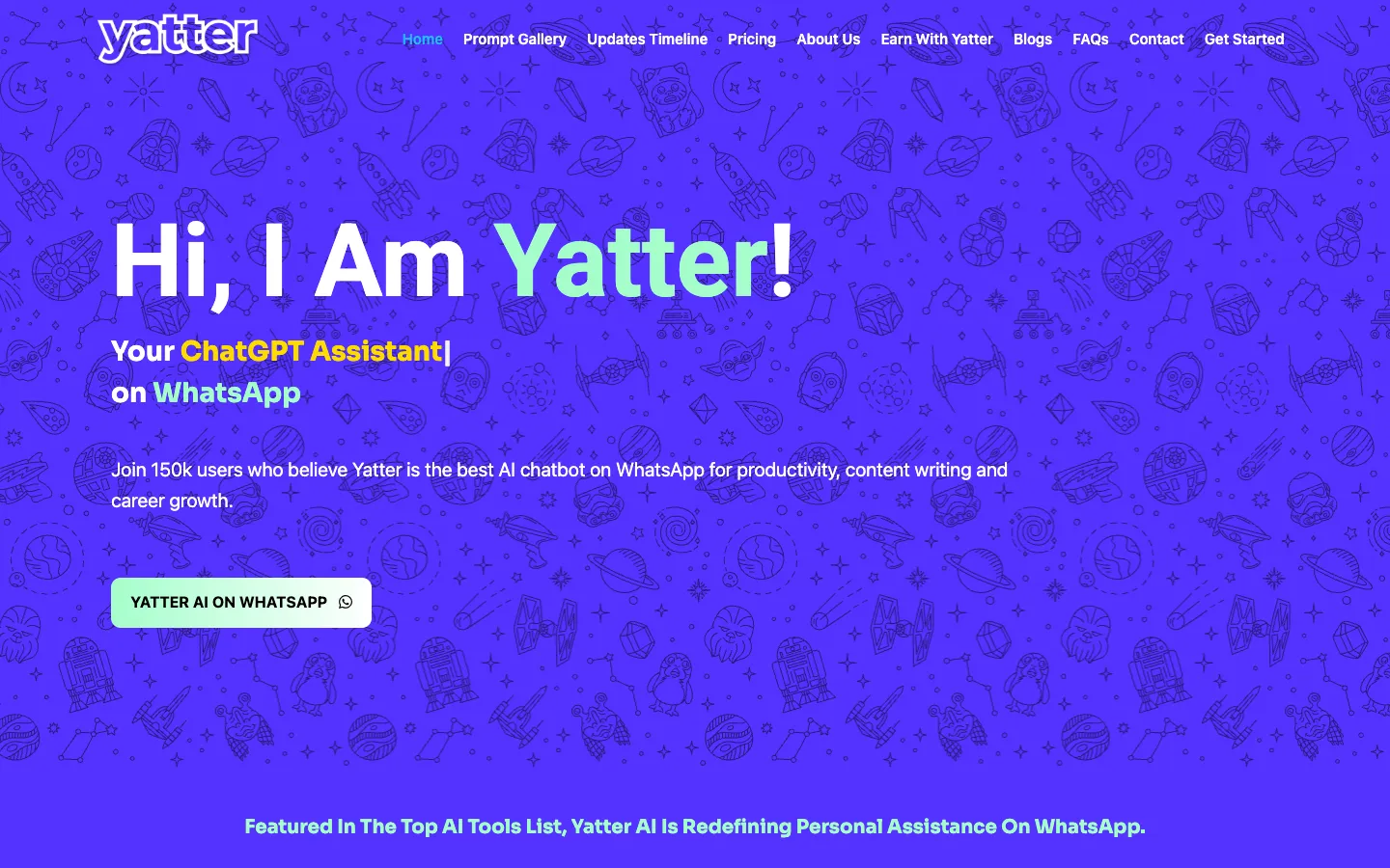 Screenshot of the Yatter AI homepage